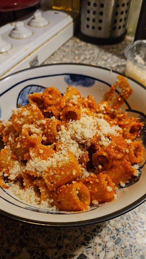 Rigatoni with 'nduja, crispy chorizo and parmigiano reggiano