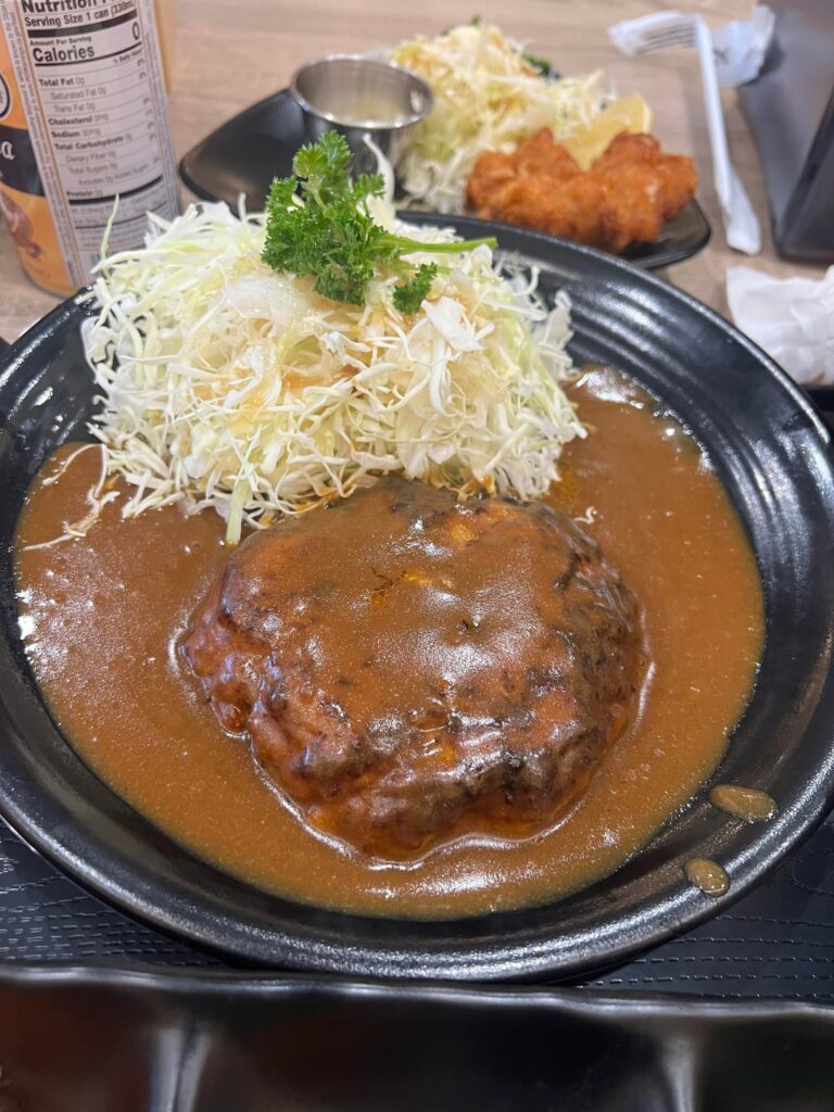 Curry hamburg steak and karaage chicken from Kagura in Monterey Park