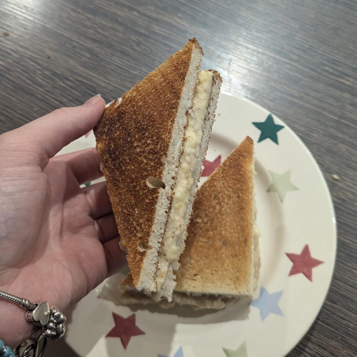 A childhood favorite and now comfort meal. The crustless mushed banana sandwich