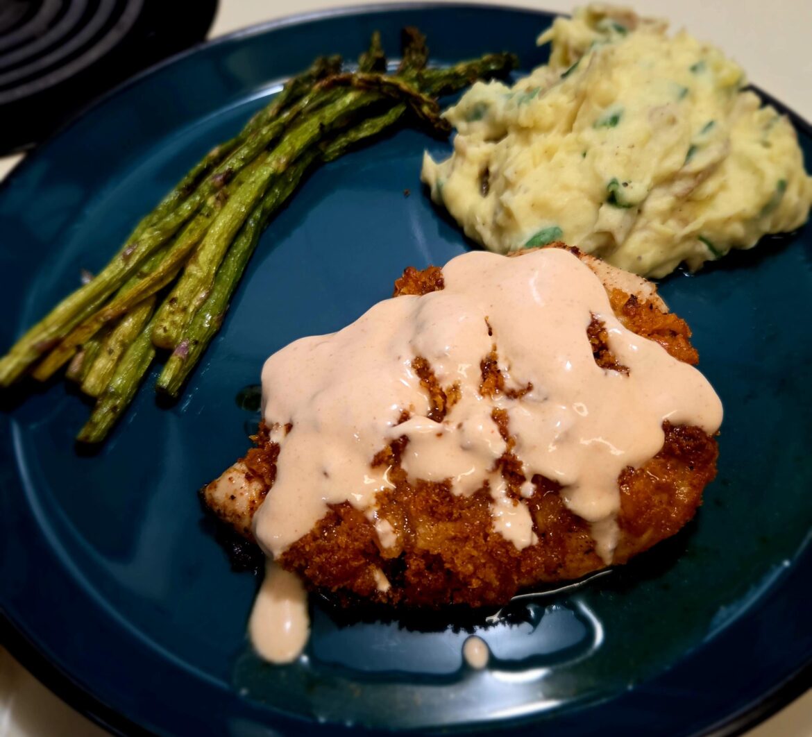Crispy Kickin Cayenne Chicken with Mashed Potatoes and Asparagus