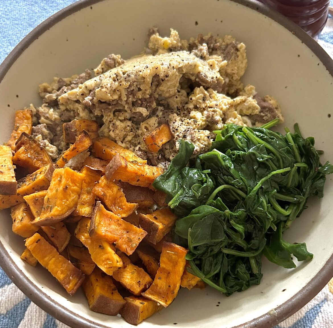Extra Lean Ground Beef Scramble, Airfryer Sweet Potato, Steamed Spinach