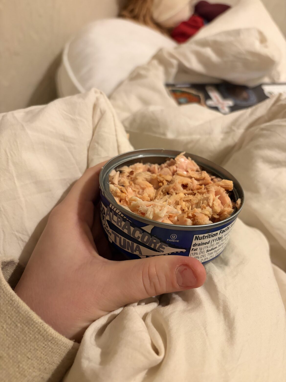 Cat kept trying to steal my dinner. White albacore with taco bell diablo sauce