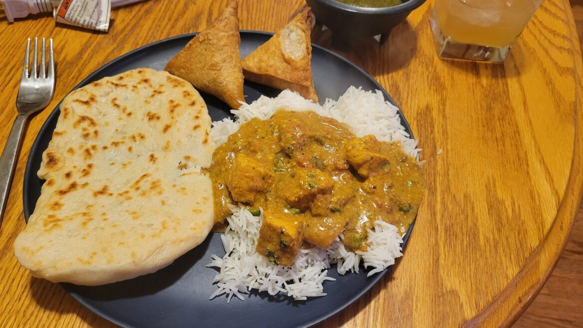 Chicken Tikka, Naan and Samosas