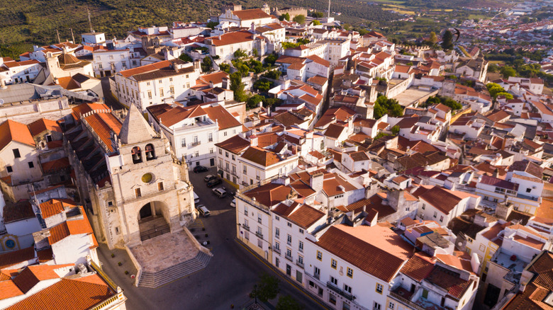 Aerial view of cathedral and Elvas' historic center