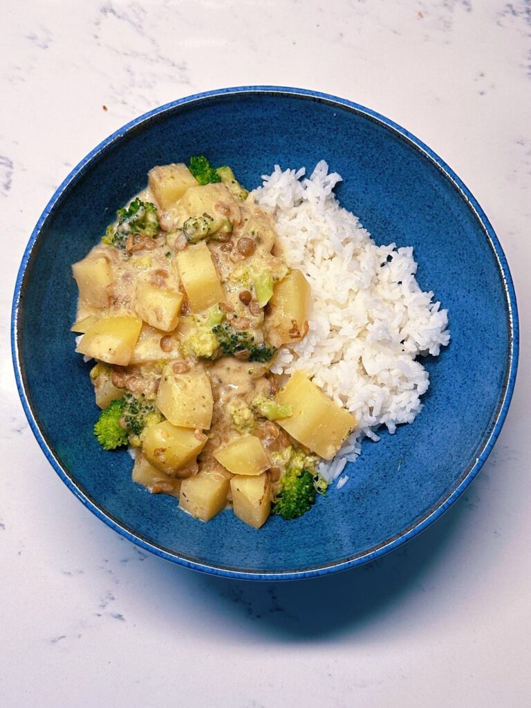 miso potato chowder with broccoli and lentils, paired with steamed white rice