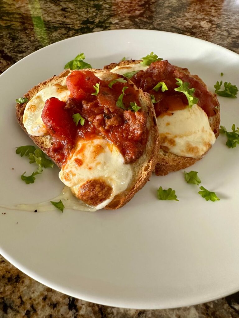 Rustic Roasted Garlic Bread with Homemade Meat Sauce and fresh Mozzarella
