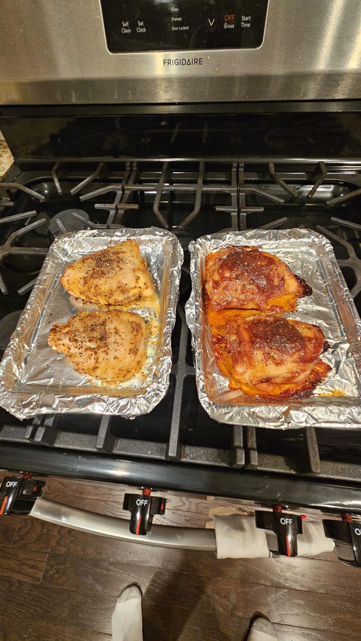 Put salt on chicken thighs last night, put them back in the fridge. Cooked them today, right side BBQ, left side mustard. Honestly I got too drunk last night and forgot I started the chicken.