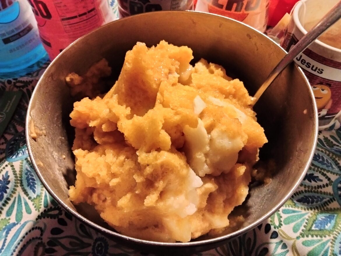 Pumpkin Pie Fluff with Peanut Butter Swirl and Greek Yogurt Mousse Chunks