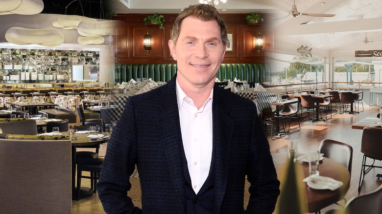 Bobby Flay standing in front of a composite image of three restaurant dining rooms