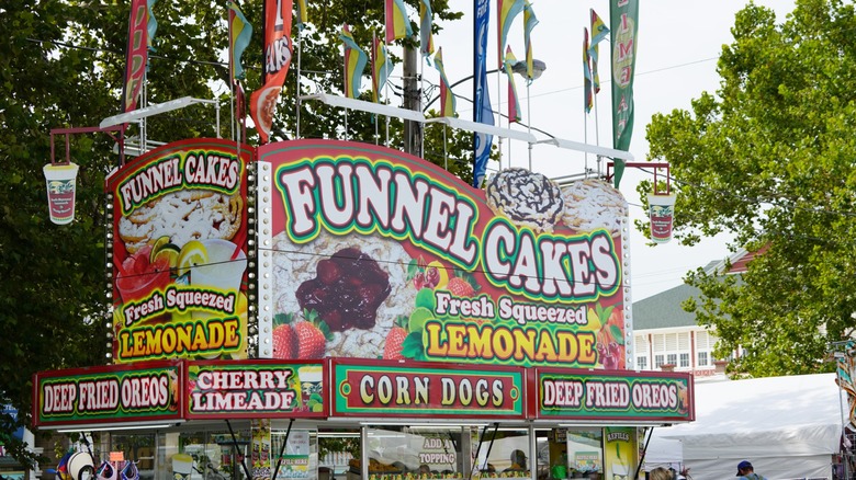 Funnel cakes stand at a state fair