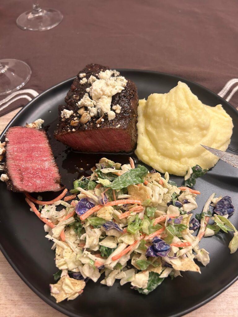 Four filets cooked from frozen with red wine balsamic reduction and Gorgonzola!