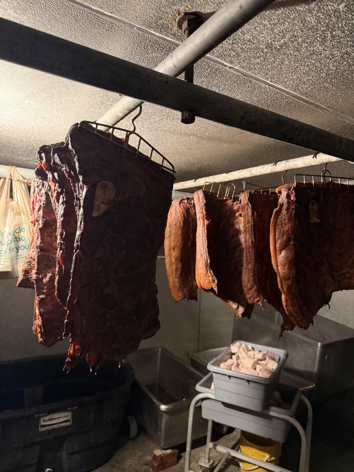 Fresh smoked bacon and beef bacon.