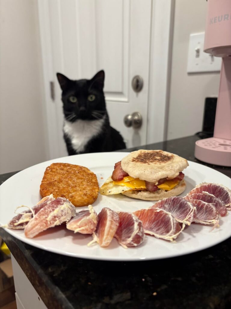 Maple Bacon Egg Sandwich, Hashbrown Patty, Blood Oranges, Passionfruit Juice