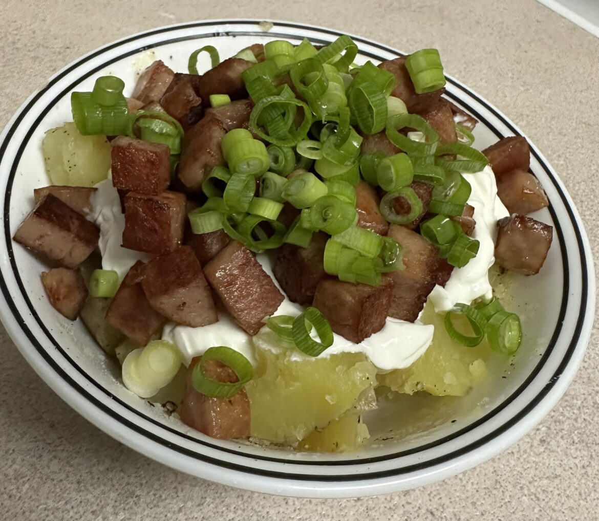 Boiled potatoes with sour cream and bacon flavoured SPAM.
