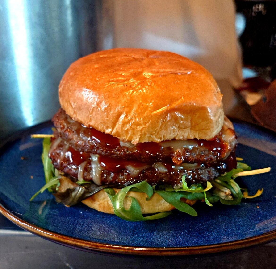 Double, with rocket, mozzarella, and an Italian Herb & Habanero ketchup.