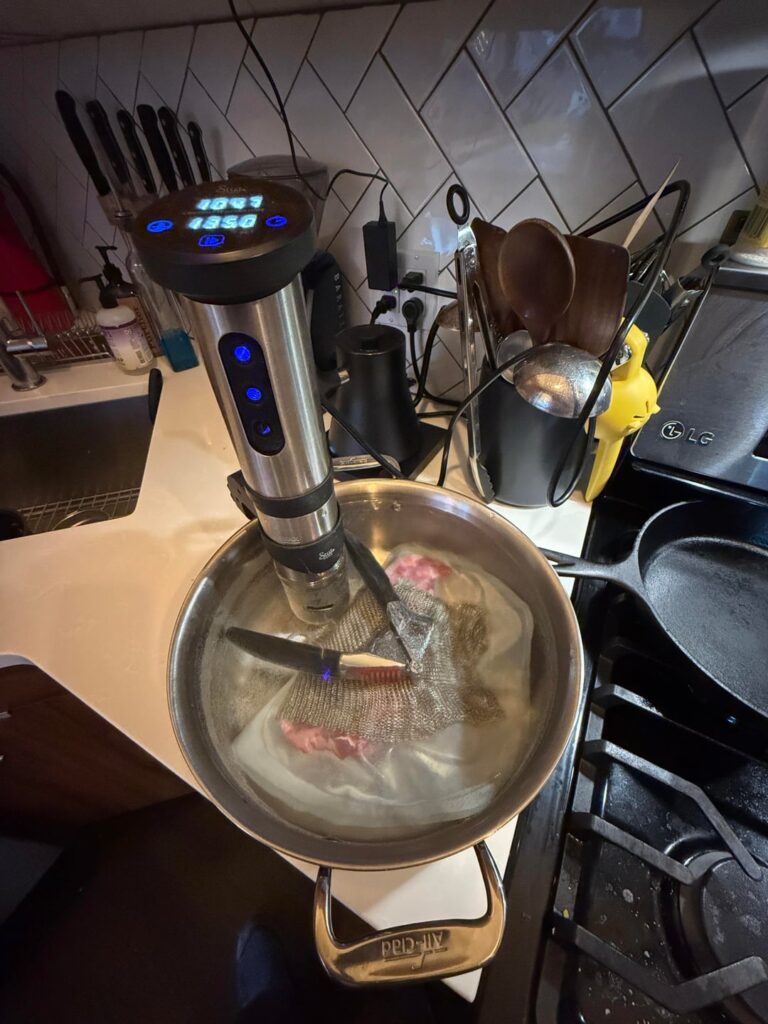 Prime grass-fed NY Strip @ 135 F for 3 hours, finished on cast iron