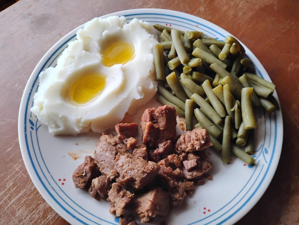 Today's ration: pot roast, green beans, powder mashed potatoes, and soy based buttery topping. Will have the same menu tomorrow and friday, using up my supply of canned pot roast thats sat around the last 6 years (expired 2023, same as the beans)