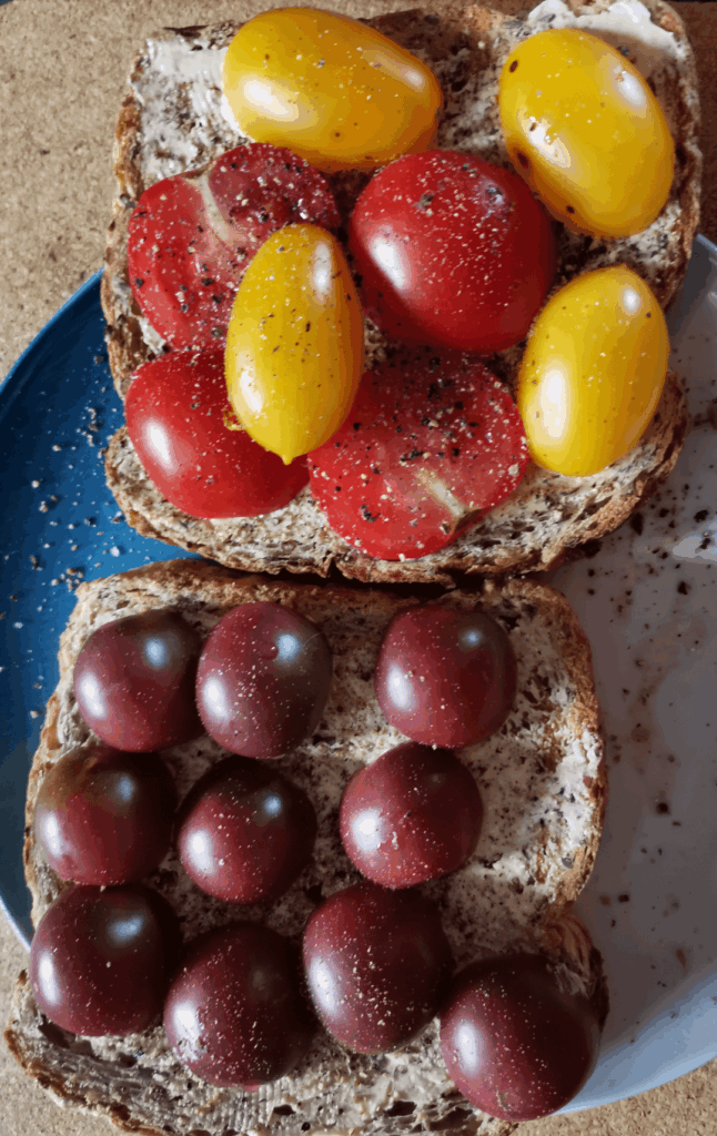 Homegrown tomatoes on toast for breakfast