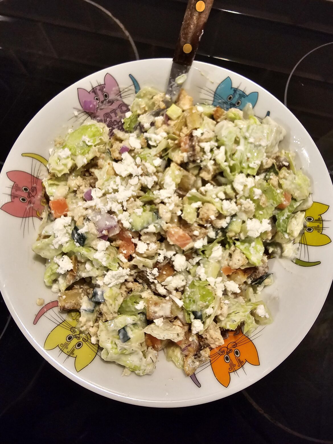 Pic doesn't do it justice but this big "Mediterranean" salad is ~630 calories