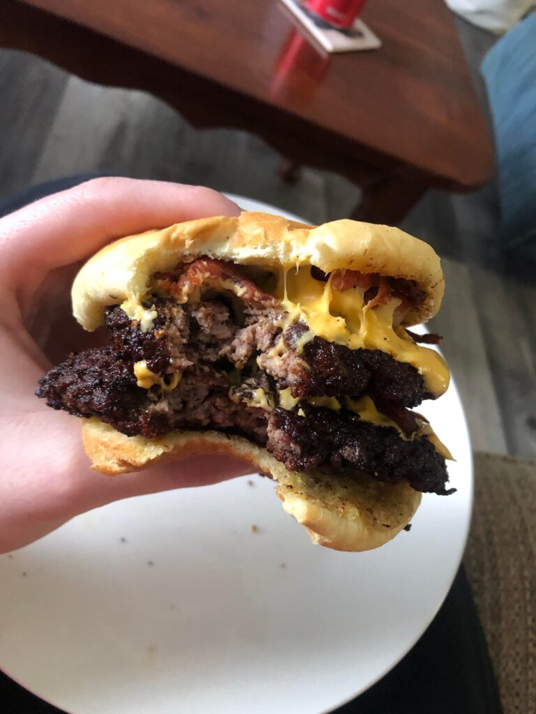 Bacon cheeseburger while snowed in