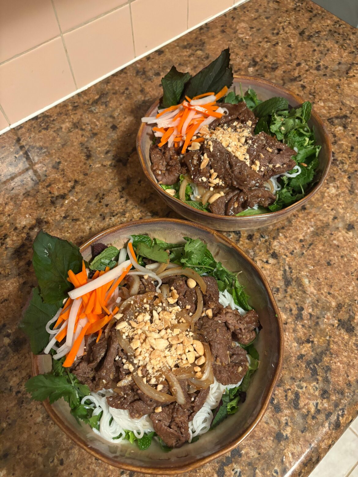 lemongrass beef with vermacelli noodles, homemade pickled veggies