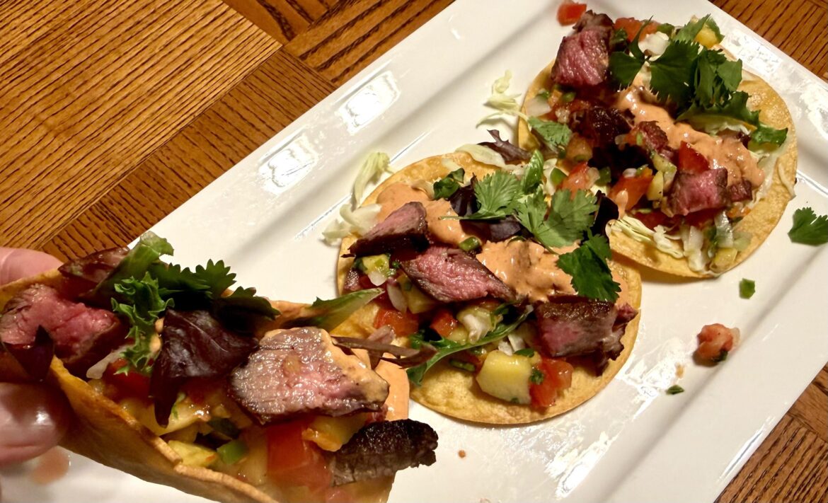 That $18 taco I had last night at that restaurant just didn’t satisfy me - so I made tacos tonight, ribeye tacos with a mango pico de gallo, and and Guajillo sauce with sour cream.