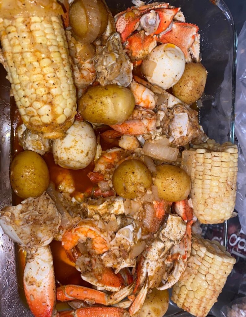 Seafood boil: crabs, corn, potato
