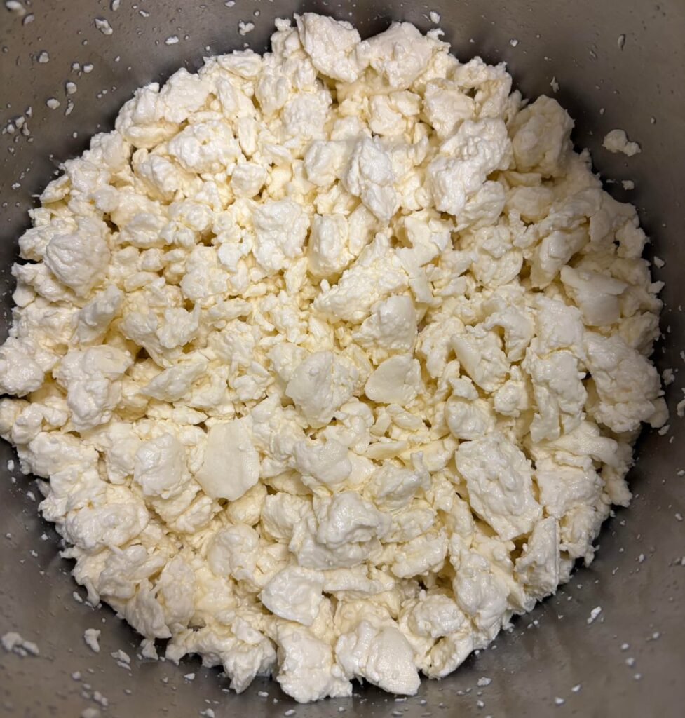 Hand milled cheese curds pressed into a wheel. This is a Derby recipe. The curds are cheddared, milled then salted before pressing.