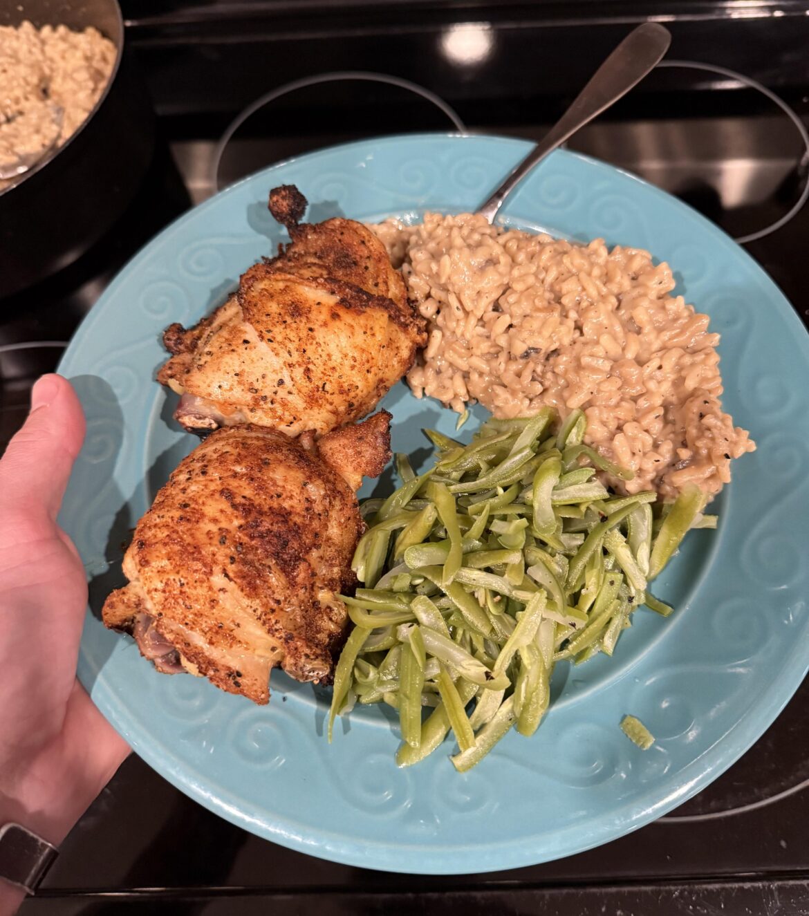Monday night dinner. Mushroom risotto, baked chicken breast and green beans.