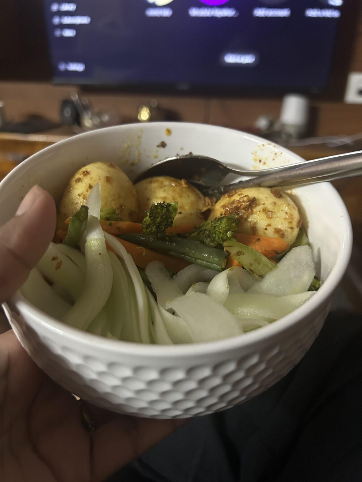Boiled and fried eggs with some veggies and ribboned cucumber. Forgot to click the picture of the glaze (I mixed garlic powder and onion powder with mayo & a little water)