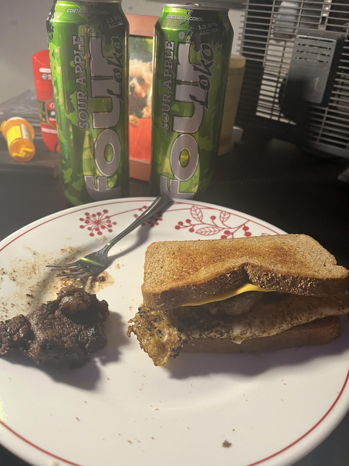 Steak and egg cheese sandwhich + four lokos