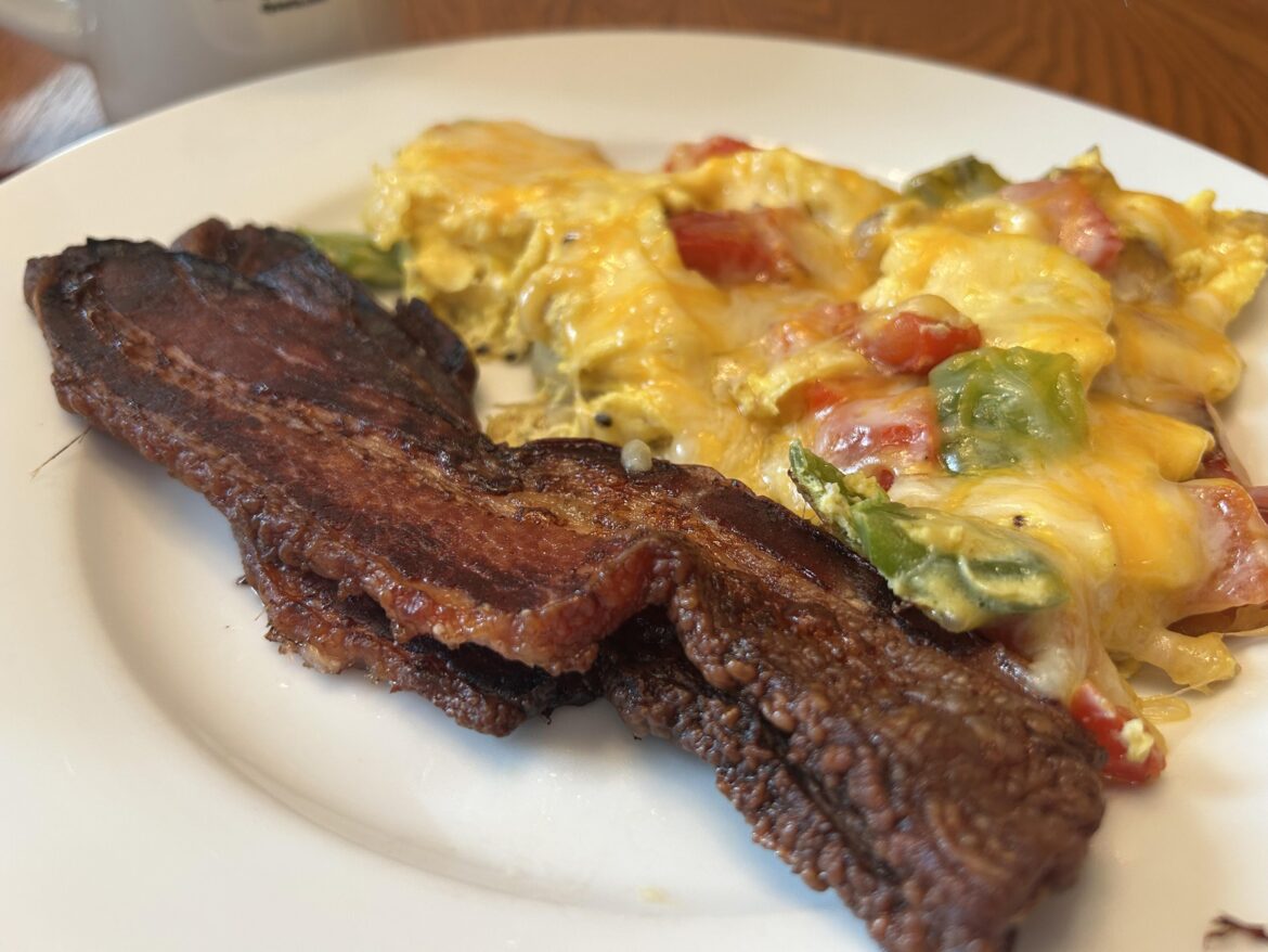 Cheesy pepper and onion scramble with extra thick bacon