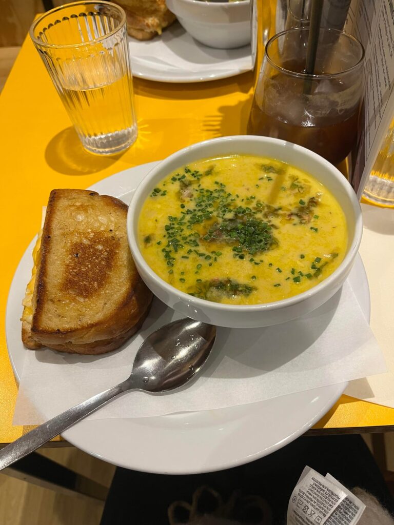 What do you guys think? Creamed corn soup and grilled cheese- it was quite oily on top, I’d say it was slightly more brothy than creamy. Toastie had LOTS of cheese!
