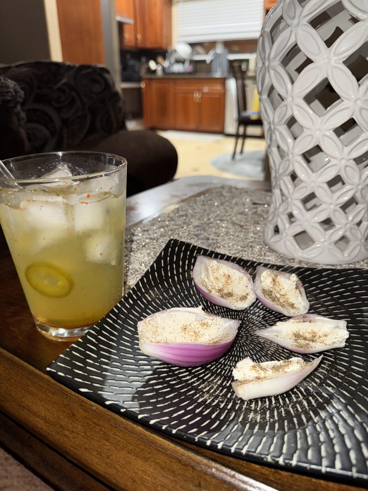 Raw onion with cream cheese + salt and pepper, side of swamp water (pickle juice and lemonade)