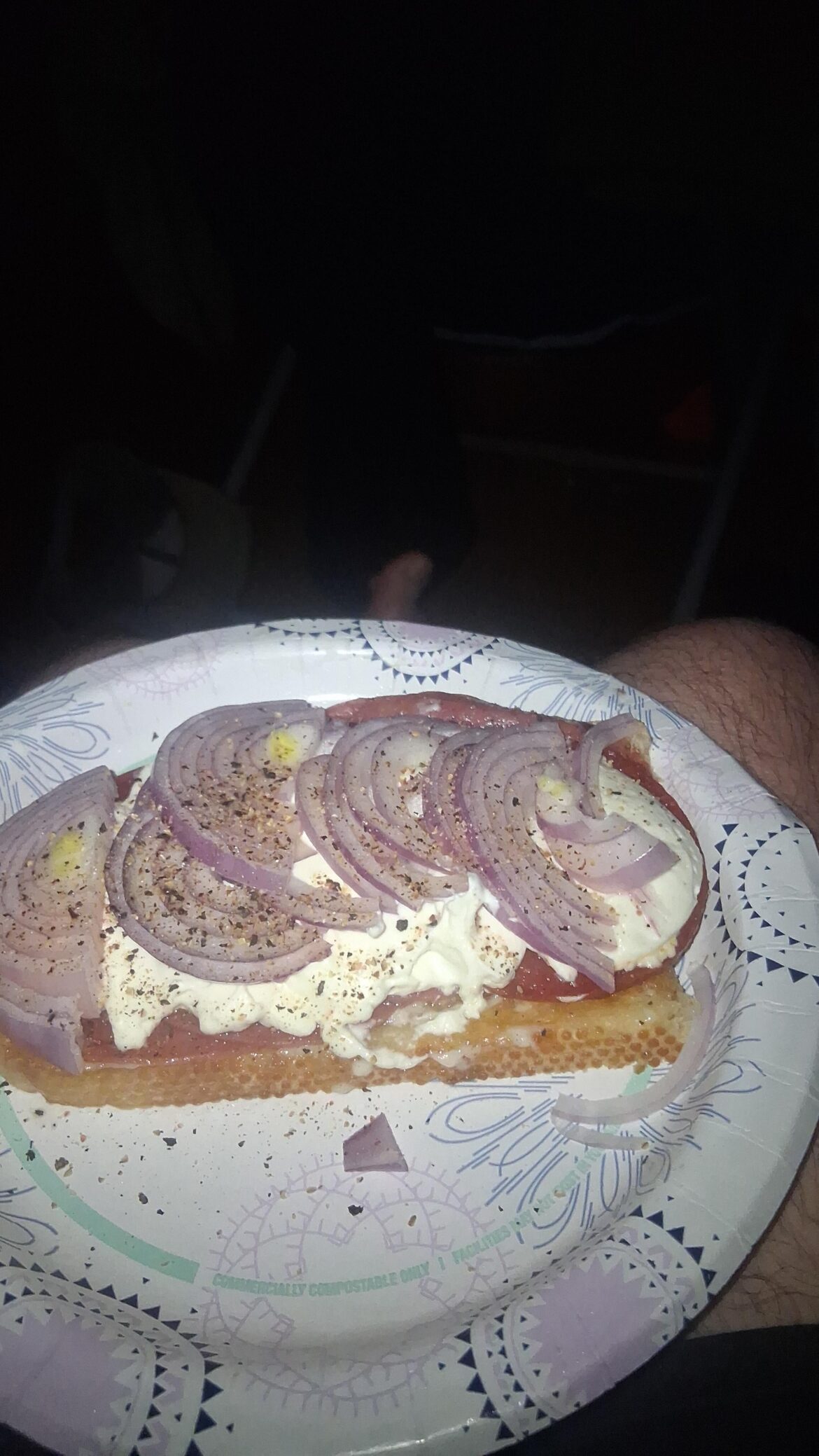 Sourdough guy here. Tonight we got garlic Sourdough, mayo, lotsa Genoa salami, cream cheese, raw purple, salt n peppah