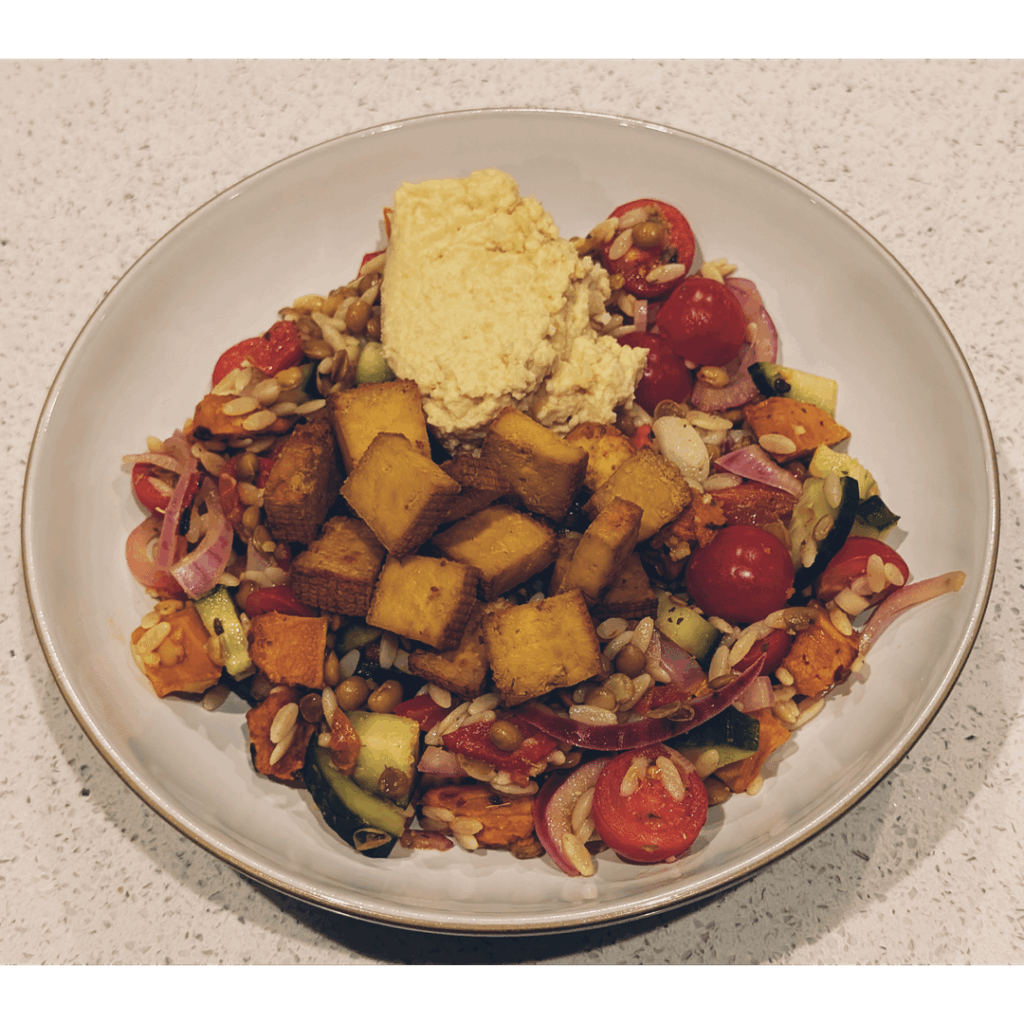 Orzo lentil salad with Houmous and chickpea tofu