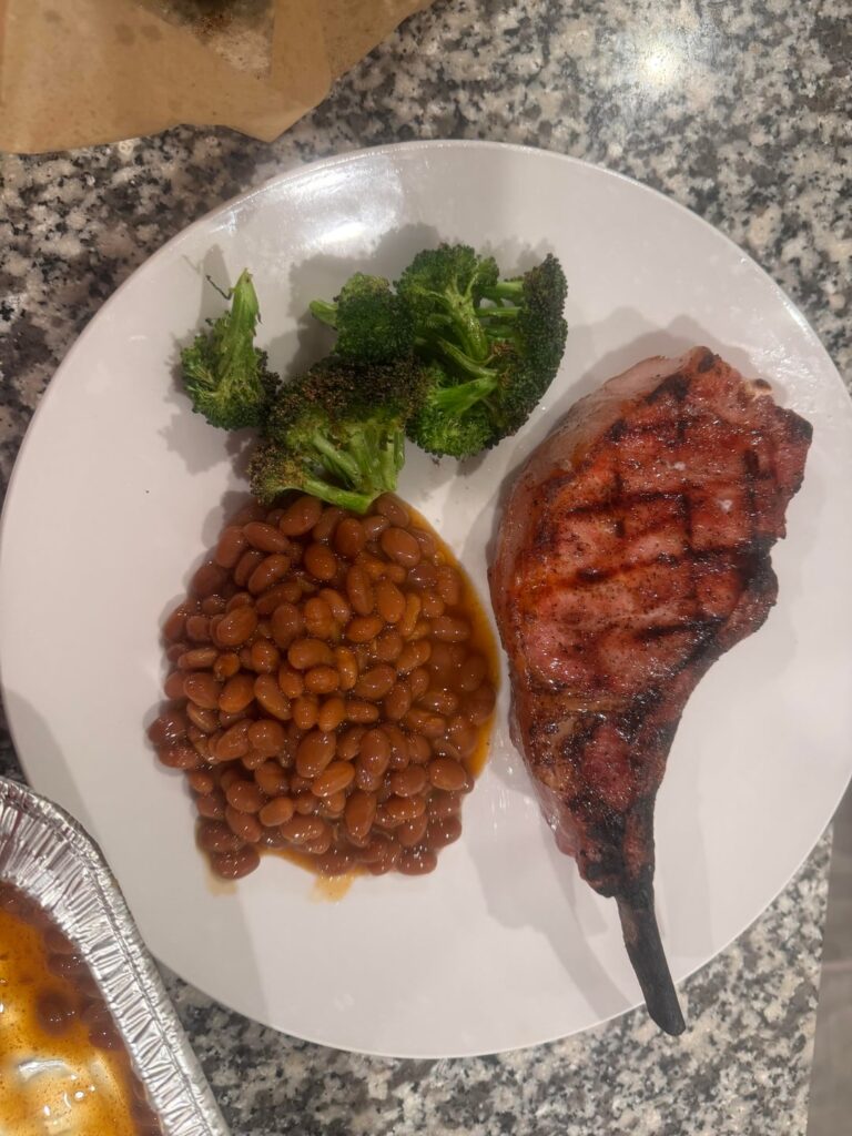 Pork chops and beans on the kamado