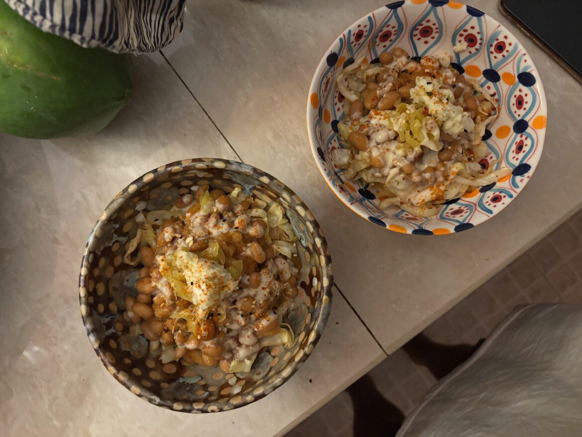 Cabbage two ways, sautéed beans, rice, & smokey lime cream sauce Cabbage two ways, sautéed beans, rice, & smokey lime cream sauce