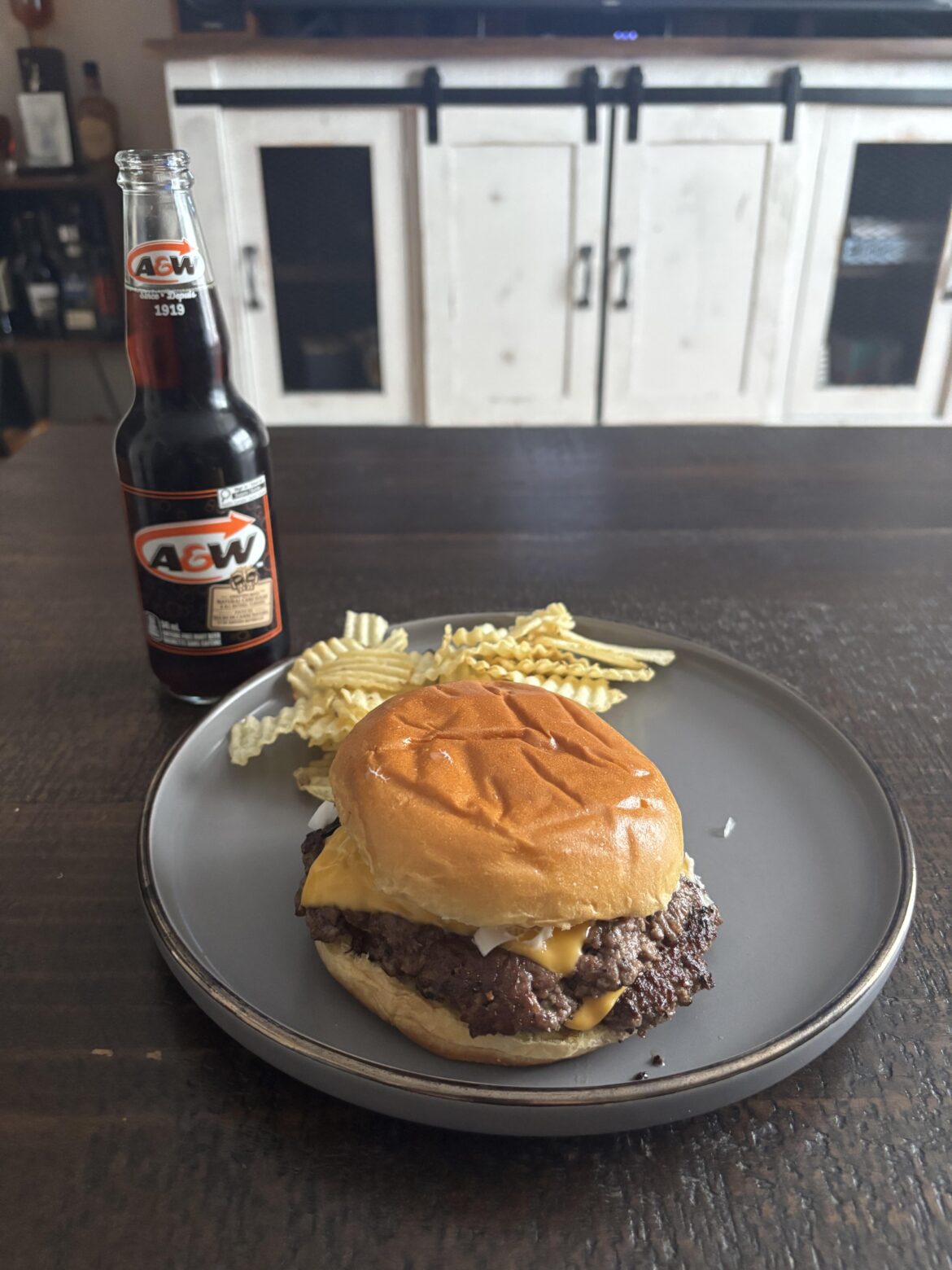 A&W Root Beer paired with a Double Cheese Smash Burger