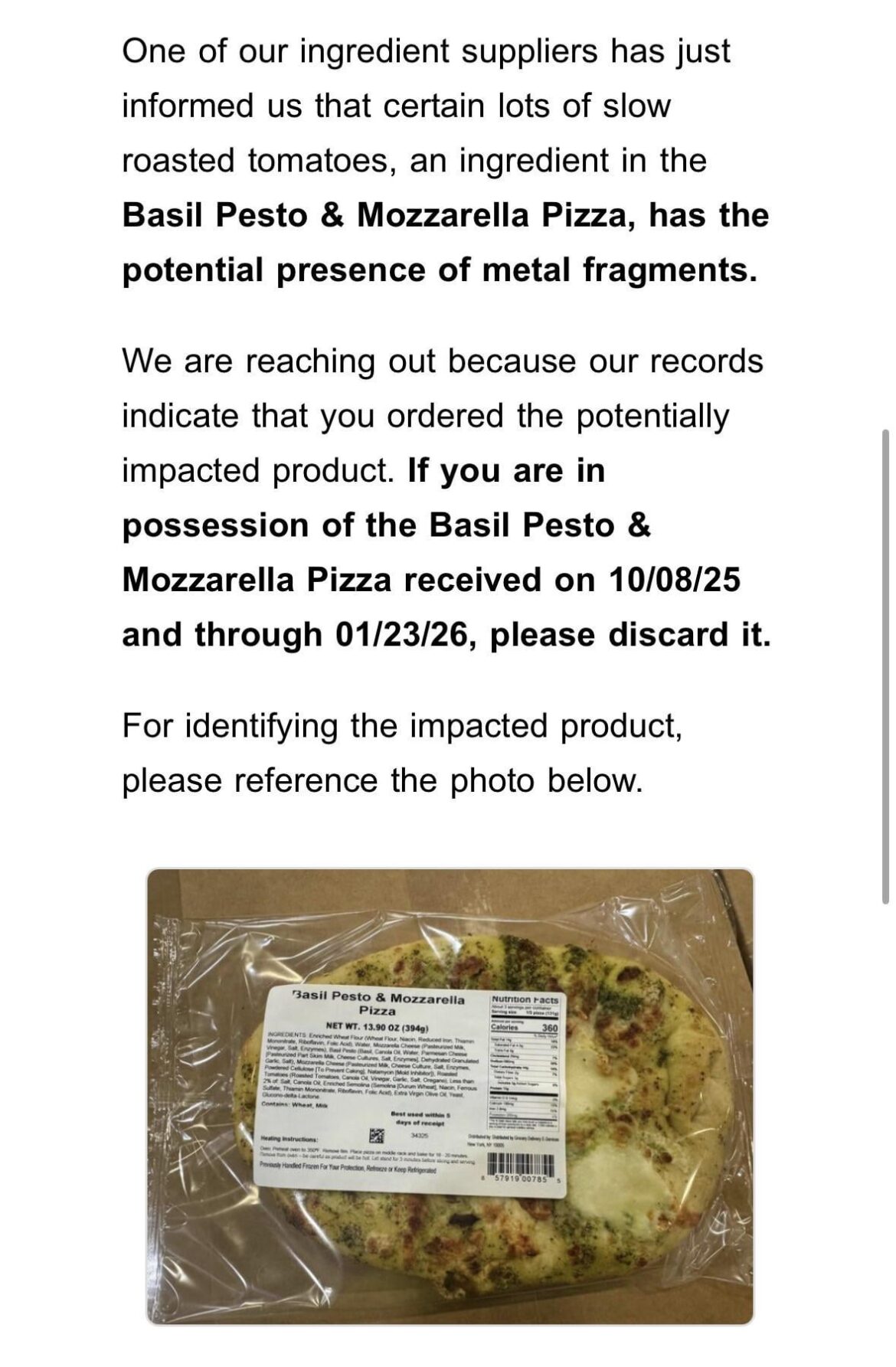 Recall for Basil Pesto & Mozzarella Pizza