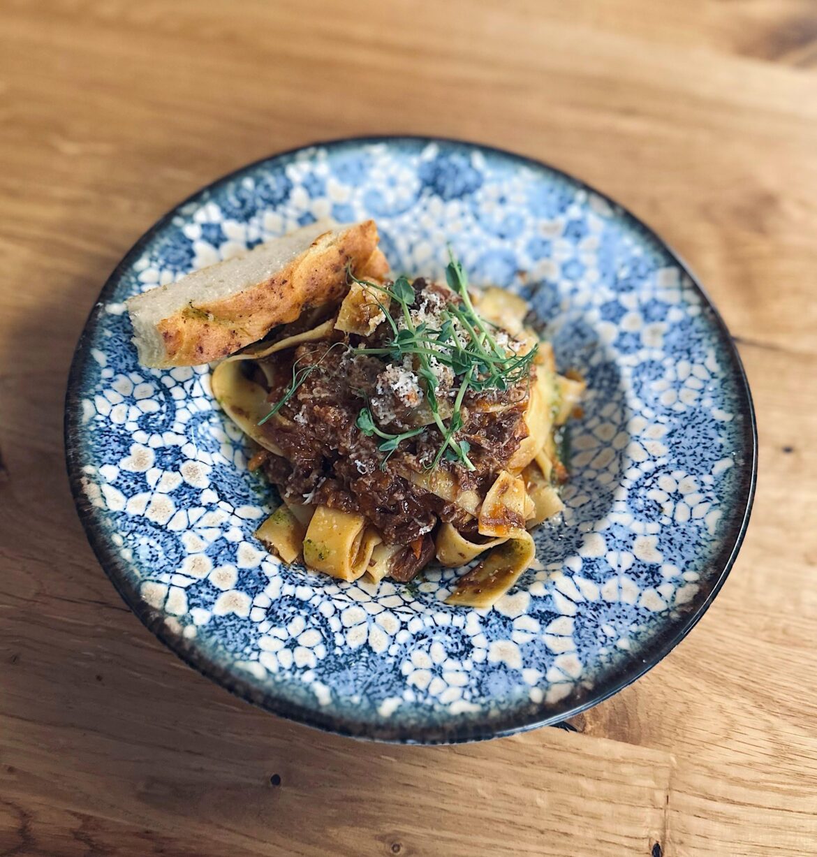 Beef cheek ragout with pappardelle and focaccia