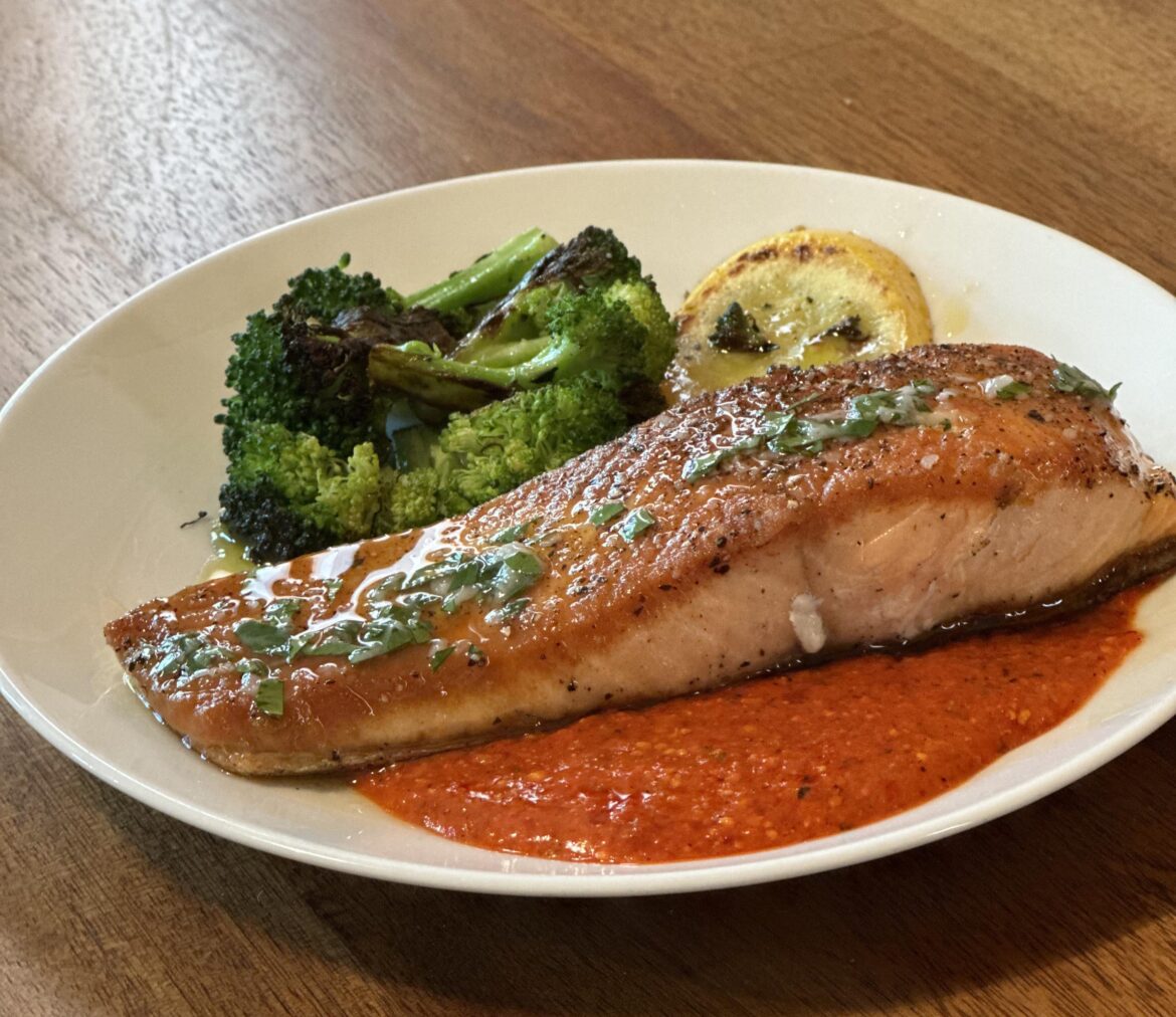 Salmon with Red Pepper Pesto with Roasted Veggies