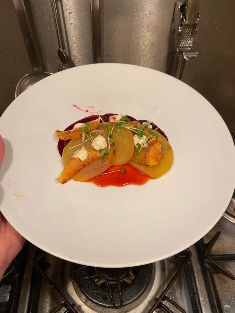 Pickled beetroot, roasted beetroot, grilled blood orange segments, blood orange reduction, Camembert cheese, cress Pickled beetroot, roasted beetroot, grilled blood orange segments, blood orange reduction, Camembert cheese, cress