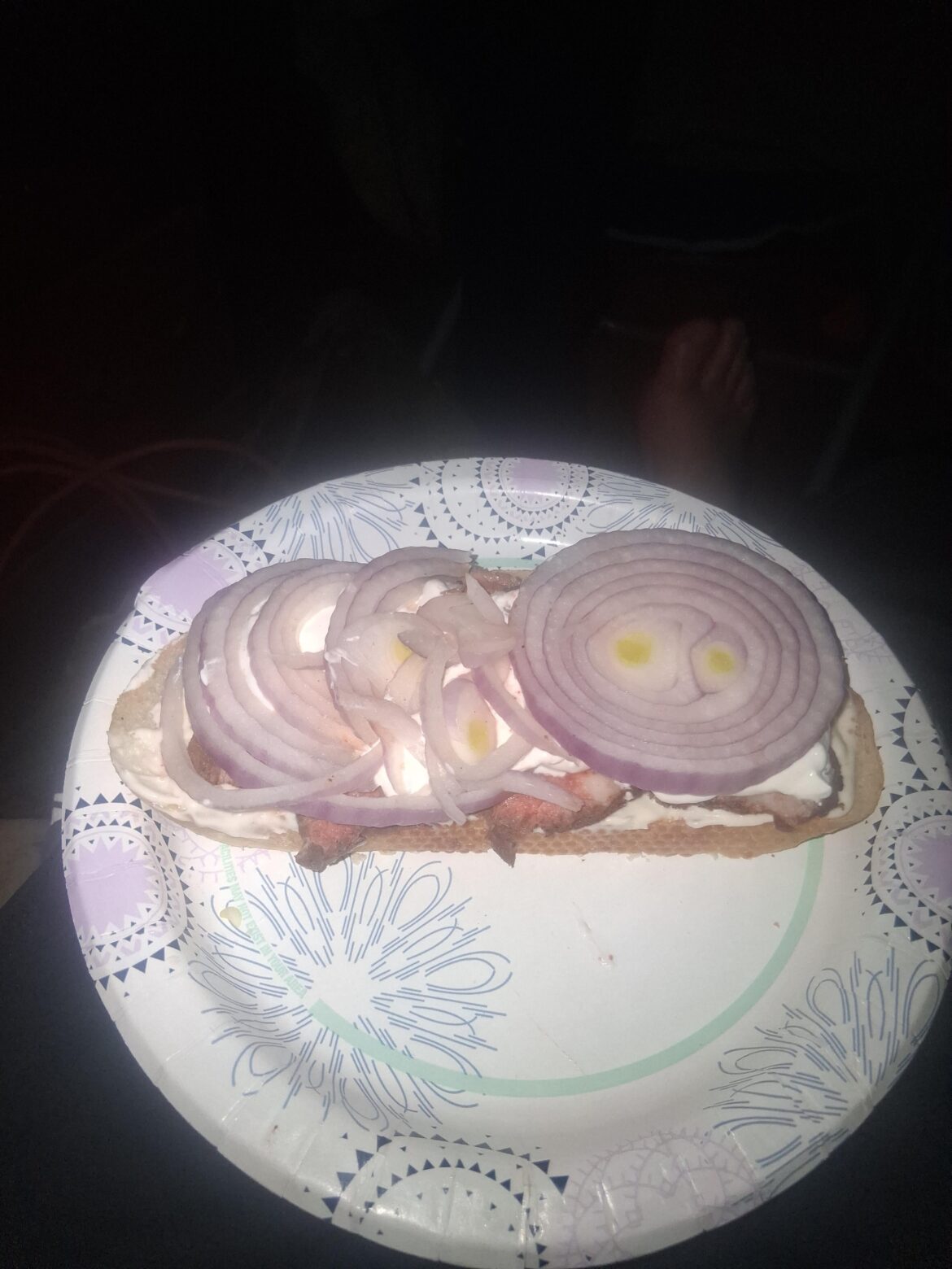 Sourdough guy here. For tonight's drunken snavk we got Sourdough, mayo, leftover tri tip, cut thin, HELLA RAW PURP. r/onionlovers. Salt n peppah