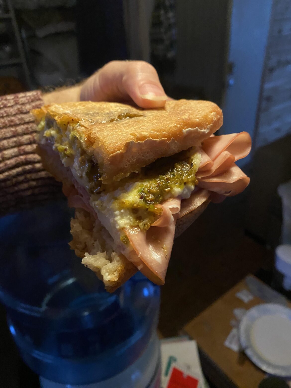 Mortadella, stracciatella, pistachio pesto, honey