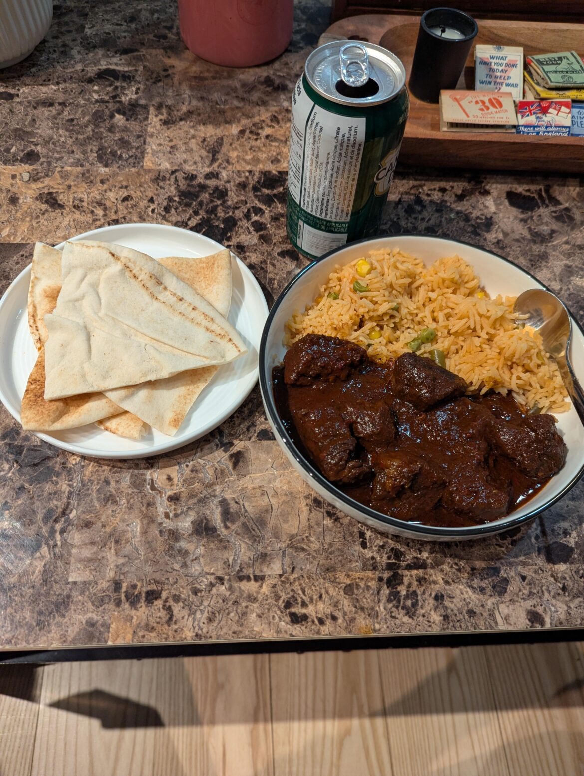 Chili Colorado (served with Lebanese pita because good tortillas are hard to come by in Canada)