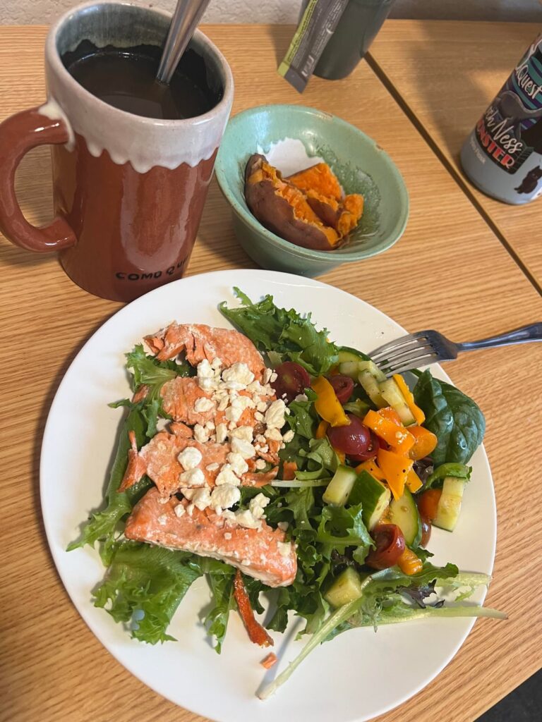 salmon, veggies, sweet potato, broth- 540 cals
