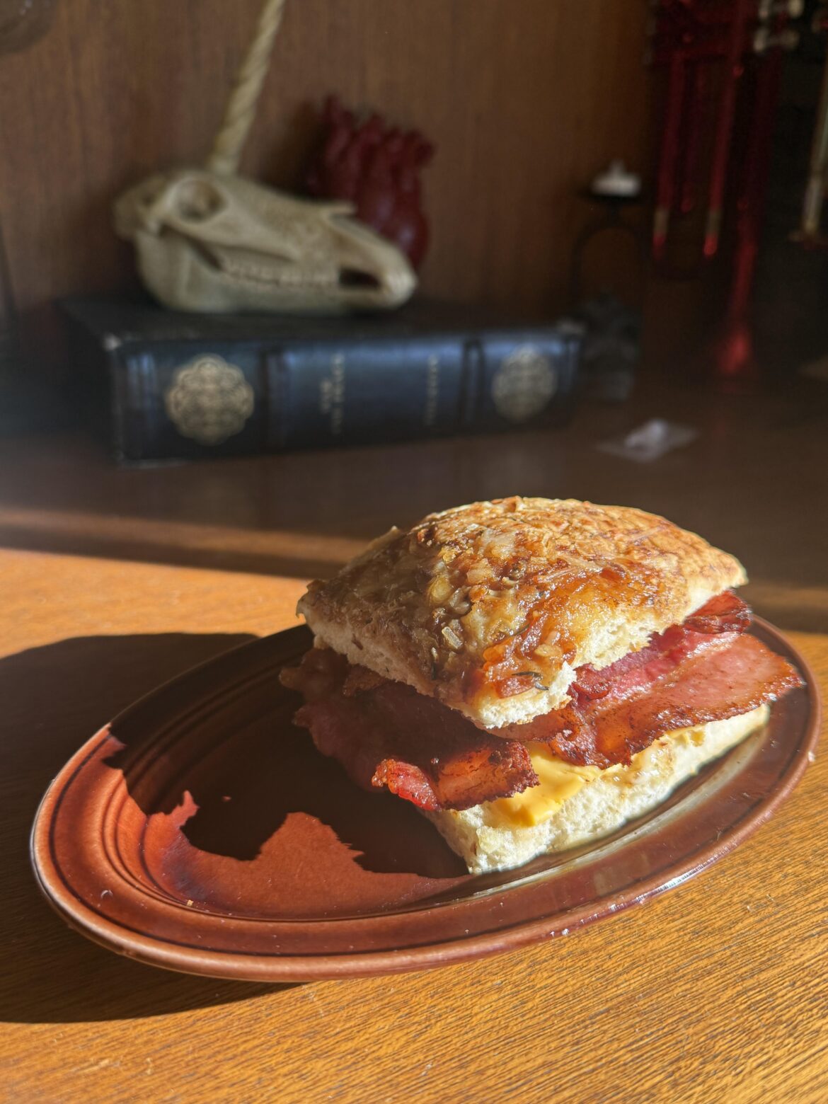 Bacon, egg, and cheese on French onion focaccia