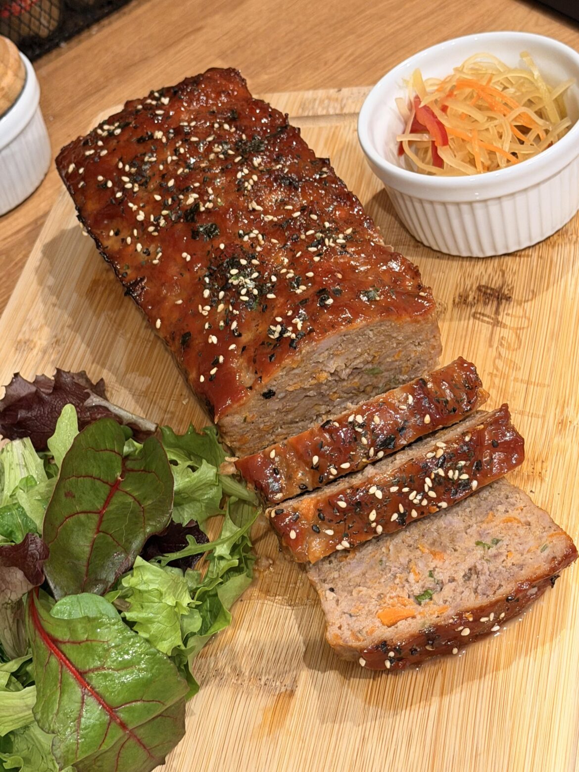 Asian style char-siu meatloaf with pickled green papaya on the side