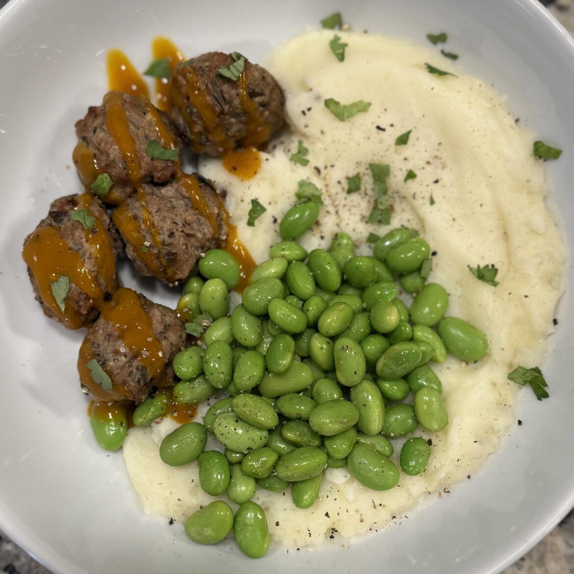 Wild Rice Meatballs w/ Garlic Mashed Potatoes & Edamame - 420 cals